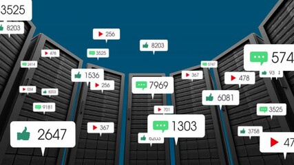 Poster - Animation of multiple white social media icons over servers in rows on blue background