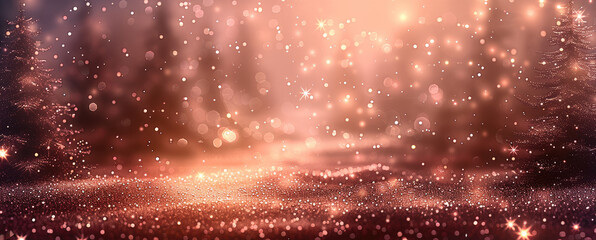 Leinwandbilder - Rose gold background with sparkling rose gold glitter dust at the bottom, warm golden-pink bokeh light reflections, elegant and modern festive style.