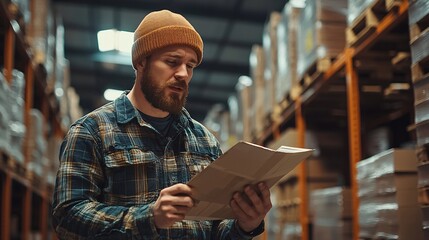 Poster - Warehouse packer working a side gig learning about EITC credits from a community guide Stock Photo with side copy space
