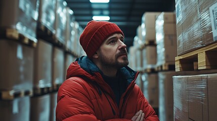Poster - Warehouse packer working a side gig learning about EITC credits from a community guide Stock Photo with side copy space