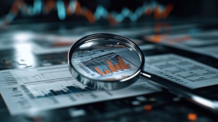 Leinwandbilder - Magnifying glass hovering over financial documents with bar graphs and analytical data, symbolizing business auditing and analysis