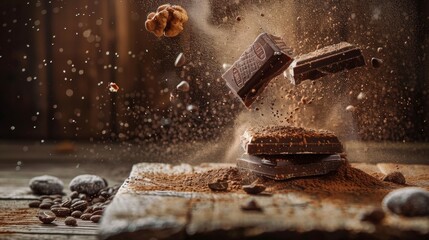 Wall Mural - Chocolate bars and cookies splashing in motion with cocoa powder