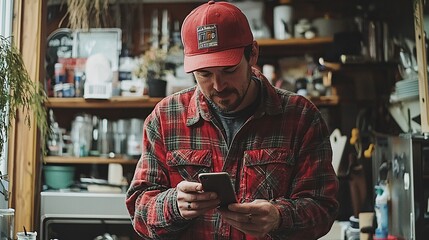 Poster - Handyman reviewing EITC benefits while recording gig payments on a smartphone app Stock Photo with side copy space