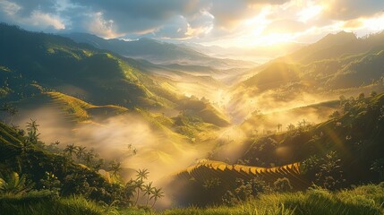 Poster - Golden rice terraces cascading down a misty hillside, sunlight breaking through the clouds illuminating the landscape.