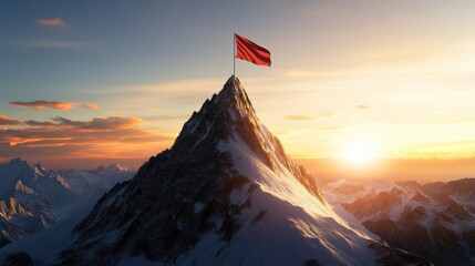 Poster - A red flag planted on a tall mountain peak under glowing golden sunset concept