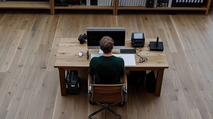 Poster - Person working at a desk with a computer setup.