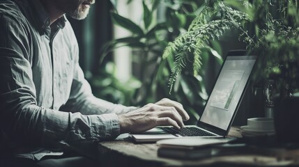 Poster - Man working on laptop surrounded by indoor plants.