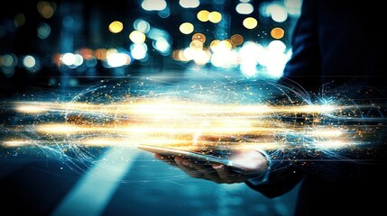Poster - A person holding a smartphone with glowing digital effects.