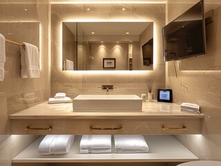 Poster - A modern and luxurious hotel bathroom with beige marble walls, featuring an elegant sink and mirror, LED lighting, and a wall shelf for towels.