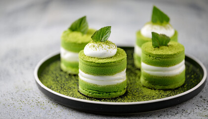 Wall Mural - Tasty desserts with green matcha on plate. Delicious sweet food. Cooking and culinary concept.