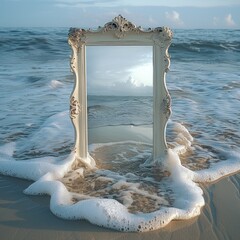 Aufkleber - A vintage mirror in the ocean, beige colors, calm.