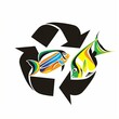 © snagaboro - Two stylized tropical fish one green one orange swim circular motion around black recycling symbol stark white background