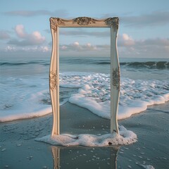 Aufkleber - A vintage mirror in the ocean, beige colors, calm.