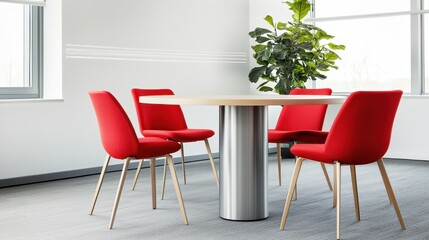 Wall Mural - Modern office space featuring a round table and red chairs with a plant in the background.