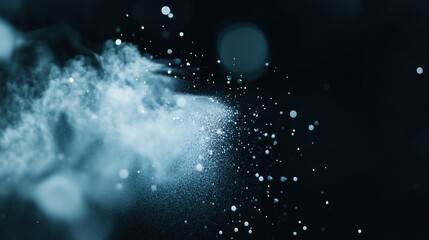 Poster - Swirling particles create a mesmerizing cloud of mist in dark space illuminated by soft blue light