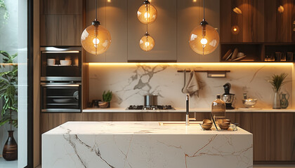 Poster - A medium kitchen made of white slab marble with a decorative spherical lamp on wall.
