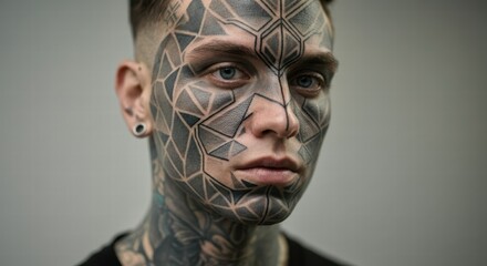 Wall Mural - Intricate face tattoos: geometric patterns and human expression