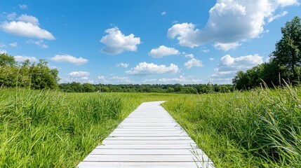 Canvas Print - White boardwalk path through vibrant green meadow under a sunny blue sky.