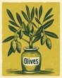 © Snaga - Stylized olive tree green olives hangs jar labeled Olives against plain olive green background