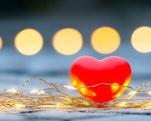 Wall Mural - Red heart with fairy lights on wooden surface.