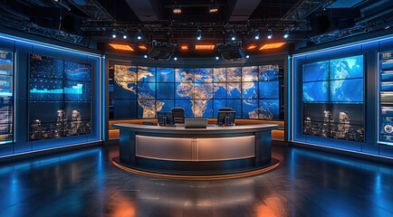 Aufkleber - A professional and modern TV news studio designed for virtual backgrounds. features a sleek anchor desk with built-in LED lighting, surrounded by large screens displaying graphics or a world map.