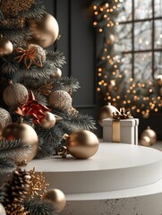 Poster - Christmas element, empty podiums, festive pattern.