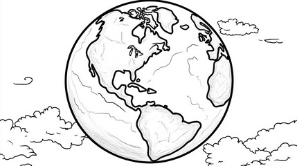 Wall Mural - World Globe Outline, Globe Drawing For Coloring Book, Black And White Vector Illustration