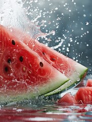Aufkleber - Sliced watermelon with water splash, feelings of summer fun.