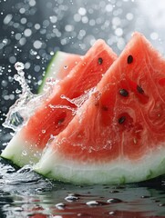 Wall Mural - Sliced watermelon with water splash, feelings of summer fun.