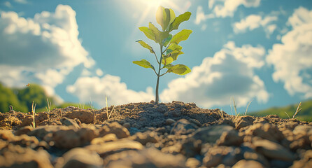 Poster - Seeds sprout and grow at the foot of the tree, the sky is blue and the clouds are white.