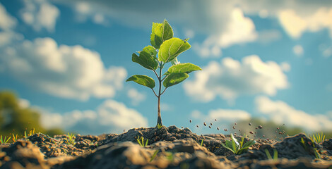 Poster - Seeds sprout and grow at the foot of the tree, the sky is blue and the clouds are white.