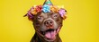 © Fernando - Joyful Pit Bull Dog Wearing Flower Crown and Party Hat on Yellow Background
