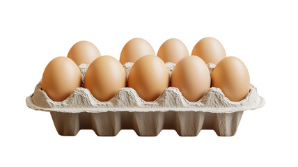 A carton of brown eggs displayed on a white background ready for culinary preparation or grocery shopping purposes.