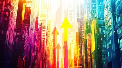 Poster - Abstract cityscape with vibrant arrows pointing upward.