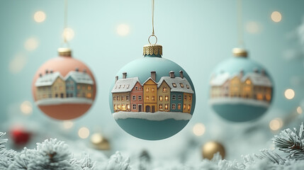 Wall Mural - Three Christmas decorations hanging from a rope with little houses drawn on them