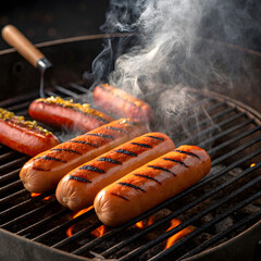 Sausages grilled in a charcoal oven There is smoke floating from the heat. In the warm kitchen in the evening