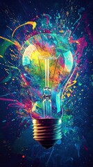 Wall Mural - Colorful lightbulb idea with abstract energy and vibrant paint streaks