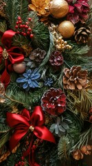 Wall Mural - colorful arrangement of holiday wreaths and ribbons, festive and natural, focus on holiday cheer and texture