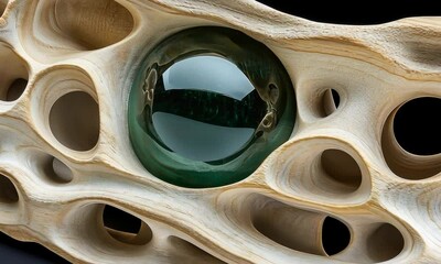 Poster - A stunning wooden sculpture features a glass orb, highlighting detailed textures and organic shapes perfect for artistic décor