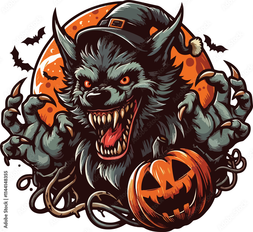 Halloween Werewolf: A snarling werewolf with glowing red eyes, wearing ...