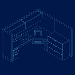 Poster - Outline of Contemporary workspace flat vector illustrations set. Contour Office desk or table with office chair and computer. Business interior design elements. Vector illustration. Isometric view.