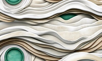 Poster - An intricate arrangement showing flowing layers and circular motifs in soothing neutral colors, highlighted by turquoise accents