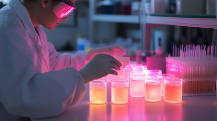Poster - scientist conducts experiment with glowing liquids in laboratory during evening