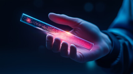 Poster - colorful glowing test tube held in a hand during a nighttime experiment with scientific curiosity