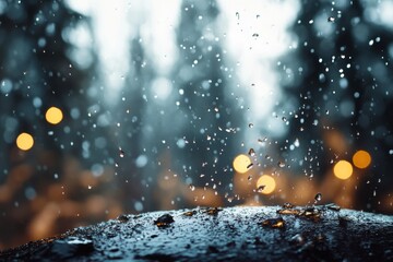 Poster - Rain droplets fall on a dark surface while blurred lights illuminate the background during a calm evening in nature