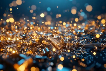 Aufkleber - Close-up view of shimmering electronic circuit board with glowing particles and intricate details