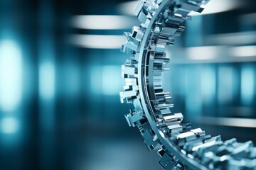Poster - Intricate metallic gear system in a futuristic blue environment showcasing advanced technology and design
