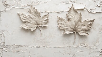 Two beige sculpted maple leaves on a textured white background.