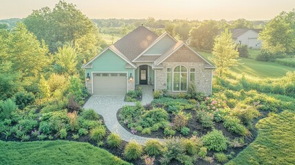 Wall Mural - Aerial view of a beautiful suburban house with a lush garden.