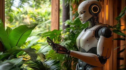 Poster - humanoid robot interacting with technology, conveying futuristic innovation and design